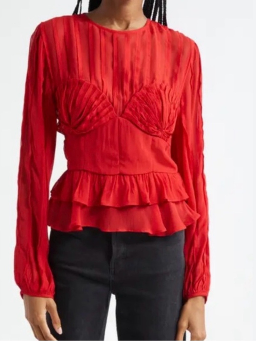 FARM Rio Red Ruffled Long-Sleeve Peplum Blouse